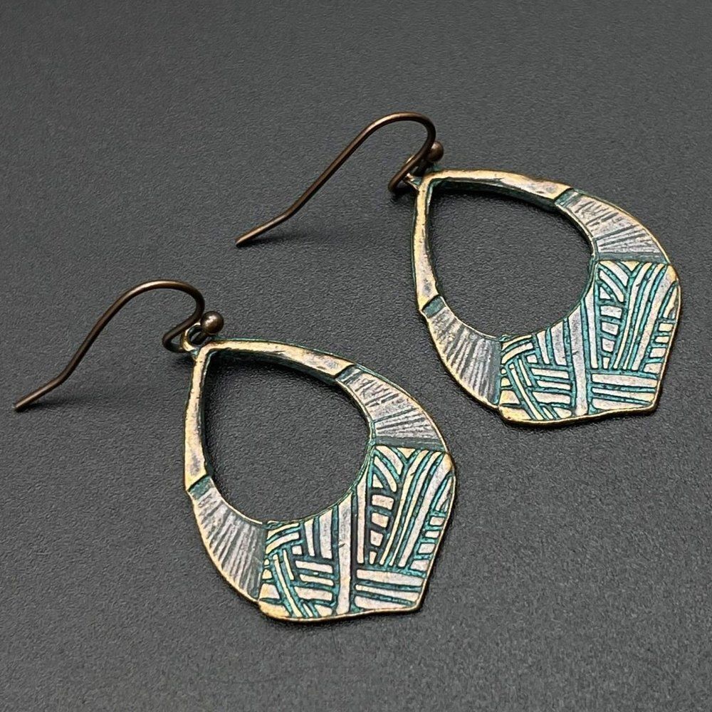 Bronze with Blue Patina Boho Tribal Style Embossed Dangling Drop Hook Earrings